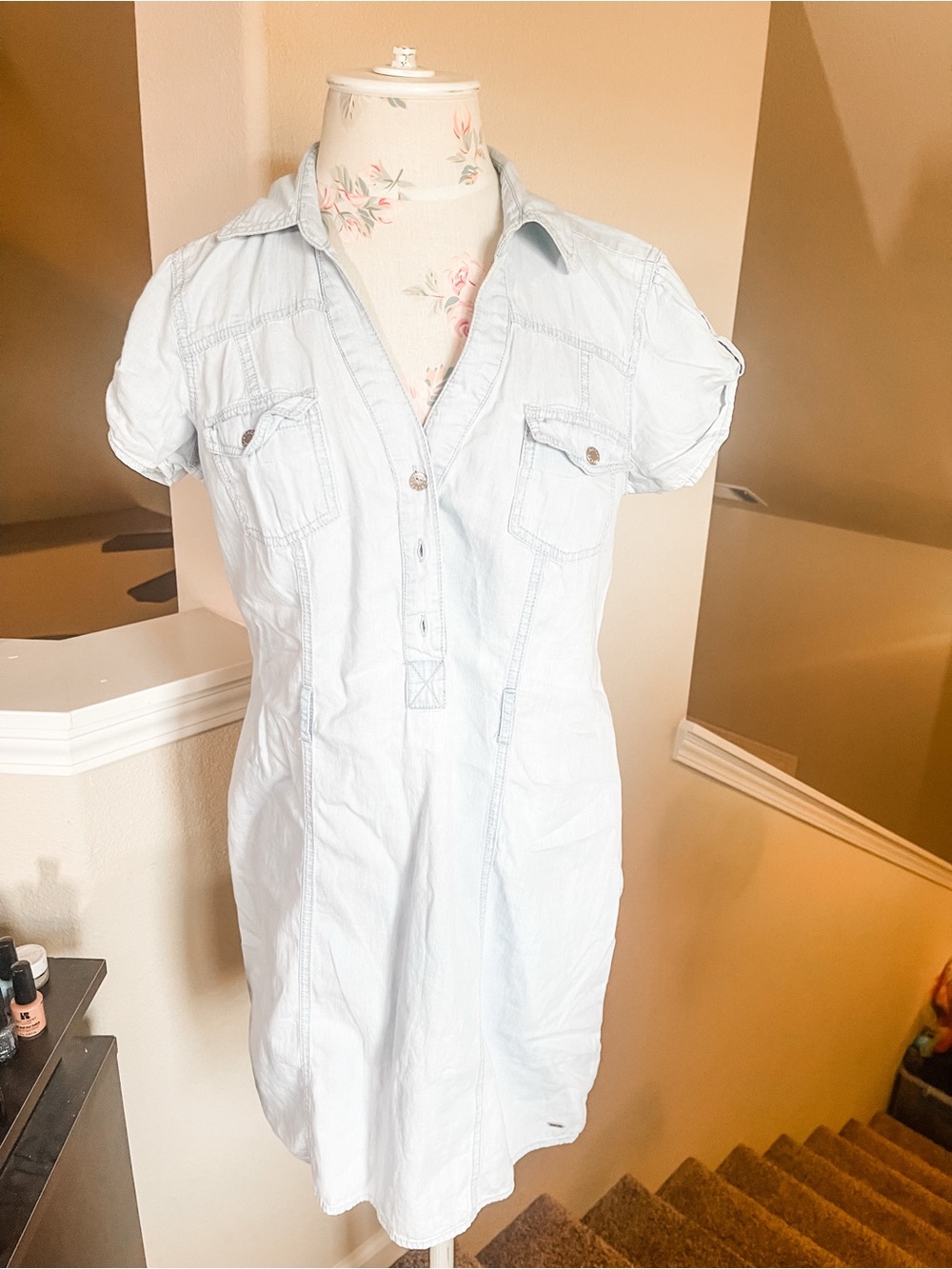 GUESS Light Blue Short Sleeve Shirt Dress